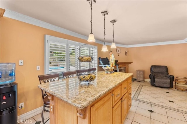 10586 Ring Ave, Rancho Cucamonga, CA 91737 - kitchen with light tile patterned flooring, ornamental molding, a center island, light stone countertops, and hanging light fixtures