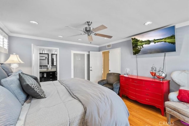 10586 Ring Ave, Rancho Cucamonga, CA 91737 - bedroom with recessed lighting, crown molding, wood finished floors, a ceiling fan, and ensuite bathroom