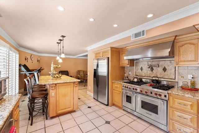 10586 Ring Ave, Rancho Cucamonga, CA 91737 - kitchen featuring wall chimney range hood, stainless steel appliances, backsplash, crown molding, and a kitchen breakfast bar