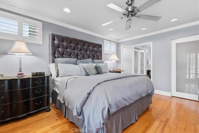 10586 Ring Ave, Rancho Cucamonga, CA 91737 - bedroom with light wood-style floors, multiple windows, crown molding, recessed lighting, and ensuite bath