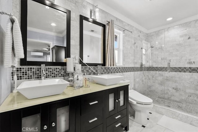 10586 Ring Ave, Rancho Cucamonga, CA 91737 - bathroom with ornamental molding, tile walls, a shower stall, and double vanity