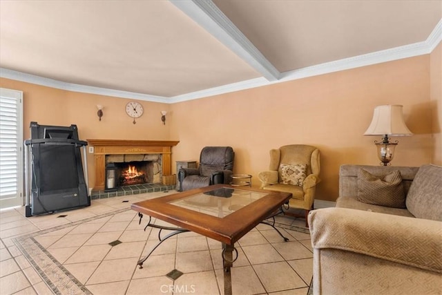 10586 Ring Ave, Rancho Cucamonga, CA 91737 - living area featuring crown molding, light tile patterned flooring, inlaid floor details, and a fireplace