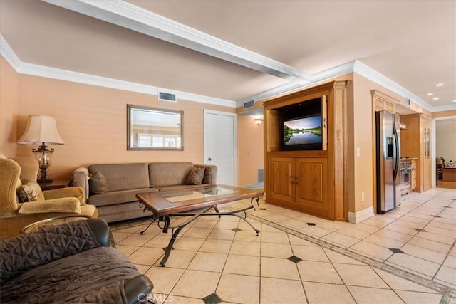 10586 Ring Ave, Rancho Cucamonga, CA 91737 - living area featuring light tile patterned flooring, crown molding, and recessed lighting