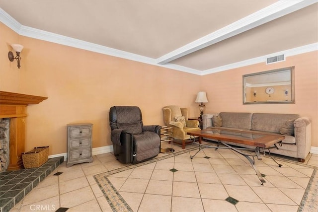 10586 Ring Ave, Rancho Cucamonga, CA 91737 - living room with tile patterned floors, crown molding, and a fireplace