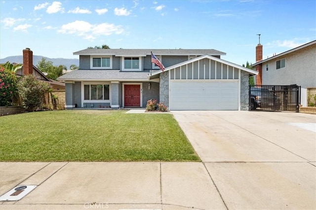 10586 Ring Ave, Rancho Cucamonga, CA 91737 - view of front of property featuring stone siding, an attached garage, driveway, and a mountain view
