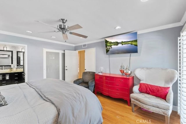 10586 Ring Ave, Rancho Cucamonga, CA 91737 - bedroom with wood finished floors, crown molding, recessed lighting, ensuite bathroom, and a ceiling fan