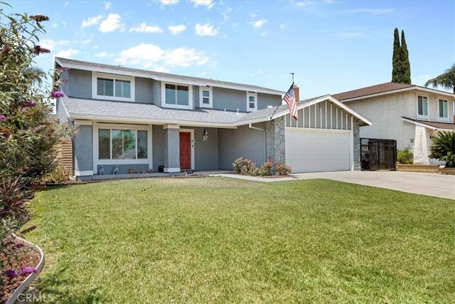 10586 Ring Ave, Rancho Cucamonga, CA 91737 - traditional-style home with stucco siding, an attached garage, driveway, stone siding, and a front yard