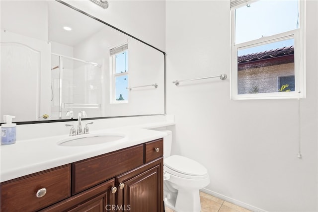 8180 E Brookdale Ln, Anaheim Hills, CA 92807 - full bath featuring vanity, tile patterned flooring, toilet, a shower, and baseboards