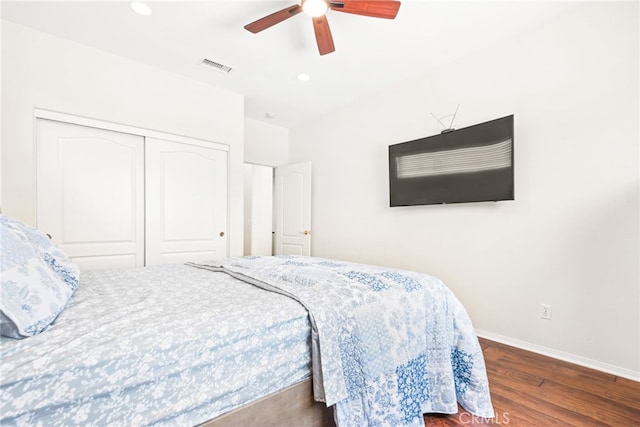 8180 E Brookdale Ln, Anaheim Hills, CA 92807 - bedroom with wood finished floors, a closet, baseboards, a ceiling fan, and recessed lighting