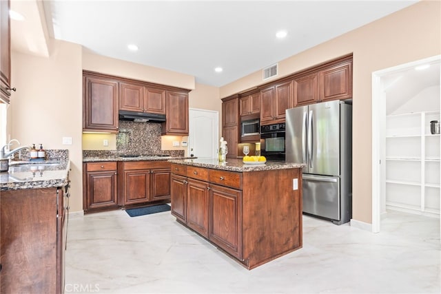 8180 E Brookdale Ln, Anaheim Hills, CA 92807 - kitchen with appliances with stainless steel finishes, a sink, dark stone countertops, a center island, and backsplash