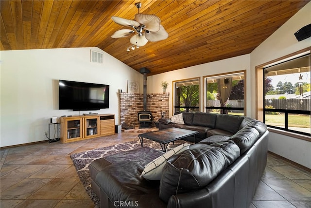 833 Saint Amant Dr, Chico, CA 95926 - living room with lofted ceiling, a wood stove, wood ceiling, and ceiling fan