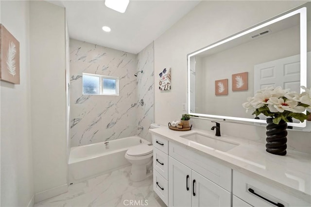 2250 Dorris Pl, Los Angeles, CA 90031 - full bathroom featuring vanity, toilet, shower / bath combination, marble look tile flooring, and recessed lighting