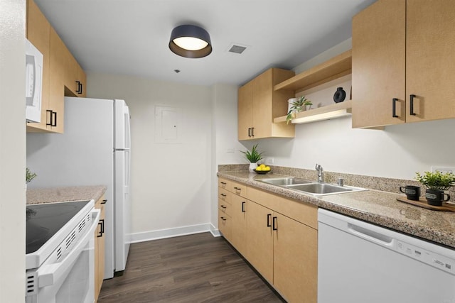 425 W Beech St Unit 227, San Diego, CA 92101 - kitchen with white appliances, dark wood-style flooring, electric panel, open shelves, and light brown cabinets