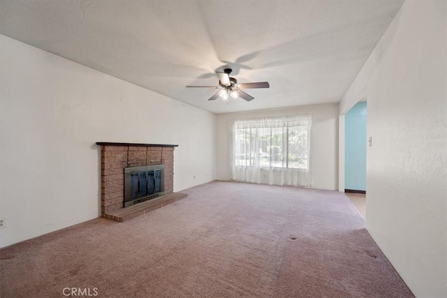 4038 Dartmouth Ln, Santa Maria, CA 93455 - unfurnished living room featuring a ceiling fan, carpet floors, and a brick fireplace