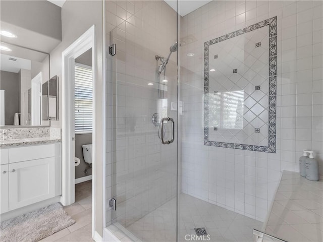 5637 Como Cir, Woodland Hills, CA 91367 - full bathroom with a stall shower, tile patterned flooring, and vanity