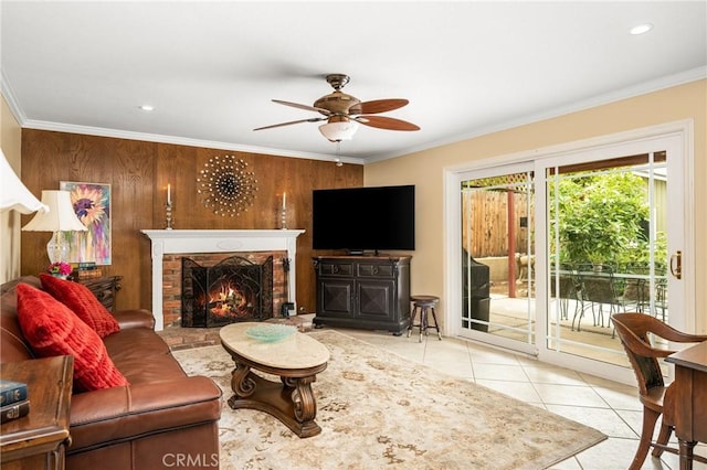 2902 E Trenton E, Orange, CA 92867 - tiled living area featuring ceiling fan, crown molding, a fireplace, and recessed lighting