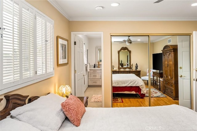 2902 E Trenton E, Orange, CA 92867 - bedroom featuring ornamental molding, a closet, wood finished floors, ensuite bathroom, and recessed lighting