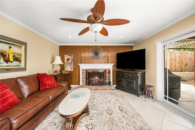 2902 E Trenton E, Orange, CA 92867 - living room featuring crown molding, a ceiling fan, a brick fireplace, and tile patterned floors