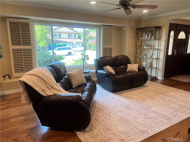 2902 E Trenton E, Orange, CA 92867 - living area with crown molding, ceiling fan, wood finished floors, and recessed lighting