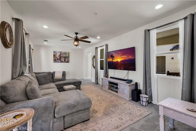 7988 Borrego Ct, Yucca Valley, CA 92284 - living room featuring carpet, a ceiling fan, and recessed lighting