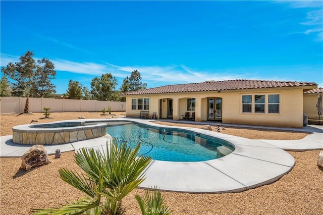7988 Borrego Ct, Yucca Valley, CA 92284 - view of swimming pool featuring a fenced backyard, a pool with connected hot tub, and a patio