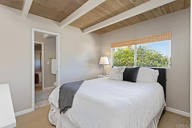 181719 Coast Blvd, Del Mar, CA 92014 - bedroom with baseboards, wooden ceiling with exposed beams, and light colored carpet