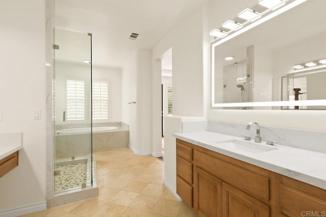 2413 Paseo, Los Gatos, Chula Vista, CA 91914 - bathroom featuring vanity, a marble finish shower, a bath, and tile patterned floors