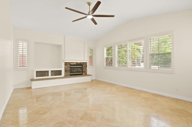 2413 Paseo, Los Gatos, Chula Vista, CA 91914 - unfurnished living room with a ceiling fan, vaulted ceiling, a fireplace, and light tile patterned floors