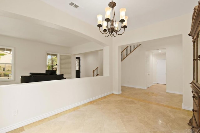 2413 Paseo, Los Gatos, Chula Vista, CA 91914 - unfurnished dining area with arched walkways, stairs, tile patterned flooring, and a chandelier