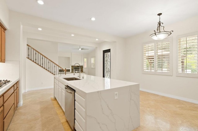 2413 Paseo, Los Gatos, Chula Vista, CA 91914 - kitchen featuring stainless steel dishwasher, recessed lighting, a kitchen island with sink, light tile patterned flooring, and backsplash