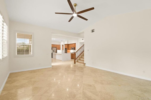 2413 Paseo, Los Gatos, Chula Vista, CA 91914 - unfurnished living room featuring a ceiling fan, stairs, and high vaulted ceiling