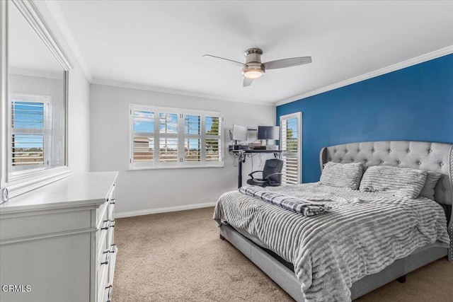 5206 Longfellow Way, Oxnard, CA 93033 - bedroom with ornamental molding, baseboards, carpet, and ceiling fan