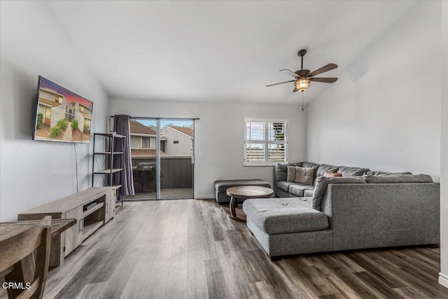 5206 Longfellow Way, Oxnard, CA 93033 - living room with vaulted ceiling, wood finished floors, and a ceiling fan