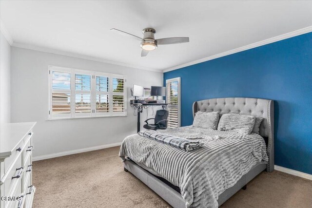 5206 Longfellow Way, Oxnard, CA 93033 - bedroom featuring carpet floors, ornamental molding, baseboards, and ceiling fan