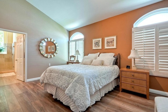 3376 Corsica Way, Oceanside, CA 92056 - bedroom featuring wood finished floors, baseboards, vaulted ceiling, and ensuite bath