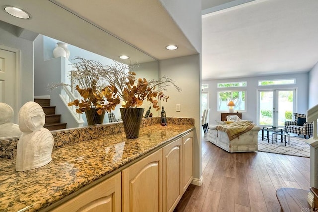 3376 Corsica Way, Oceanside, CA 92056 - kitchen featuring wood-type flooring, light stone countertops, open floor plan, french doors, and recessed lighting