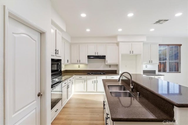 21567 Coral Rock Ln, Wildomar, CA 92595 - kitchen featuring a sink, black appliances, under cabinet range hood, an island with sink, and white cabinets