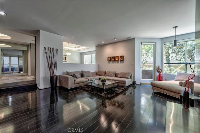 12841 Bloomfield St Unit 103, Studio City, CA 91604 - living area featuring baseboards, dark wood finished floors, and recessed lighting