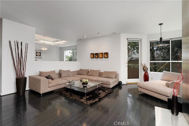 12841 Bloomfield St Unit 103, Studio City, CA 91604 - living area featuring recessed lighting, a tray ceiling, and dark wood finished floors