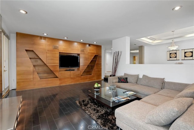 12841 Bloomfield St Unit 103, Studio City, CA 91604 - living room featuring wood finished floors, recessed lighting, and a raised ceiling
