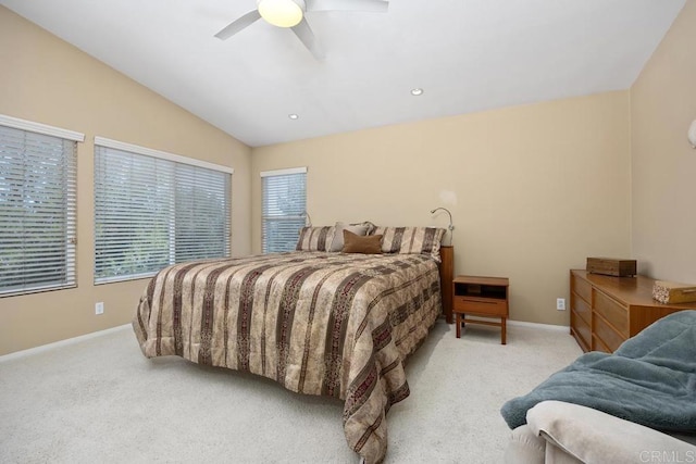 31135 Gleneagles Dr, Temecula, CA 92591 - bedroom featuring light carpet, vaulted ceiling, and ceiling fan