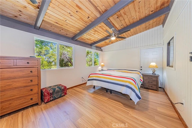 58632 Rainbow Dr, North Fork, CA 93643 - bedroom with light wood-style floors, baseboards, wooden ceiling, a ceiling fan, and wood walls