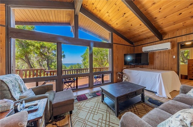 58632 Rainbow Dr, North Fork, CA 93643 - living area featuring a wall mounted AC, wood finished floors, wood ceiling, and wooden walls