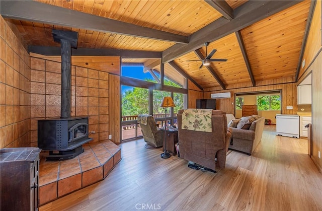 58632 Rainbow Dr, North Fork, CA 93643 - living area featuring wood finished floors, a wood stove, wood ceiling, a wall mounted air conditioner, and a ceiling fan