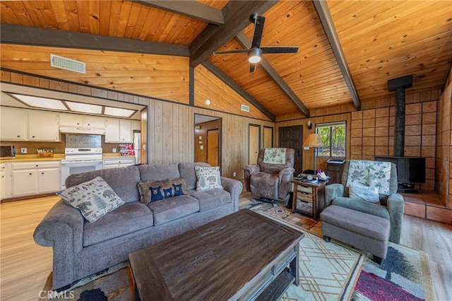 58632 Rainbow Dr, North Fork, CA 93643 - living room with light wood finished floors, a wood stove, wood walls, ceiling fan, and wooden ceiling