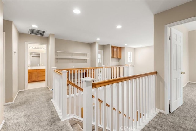 33010 Poppy St, Temecula, CA 92592 - corridor featuring an upstairs landing, carpet flooring, recessed lighting, and baseboards