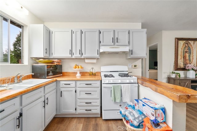 26166 Alpine Ln, Twin Peaks, CA 92391 - kitchen with white range with gas stovetop, stainless steel microwave, under cabinet range hood, a sink, and light wood-style flooring
