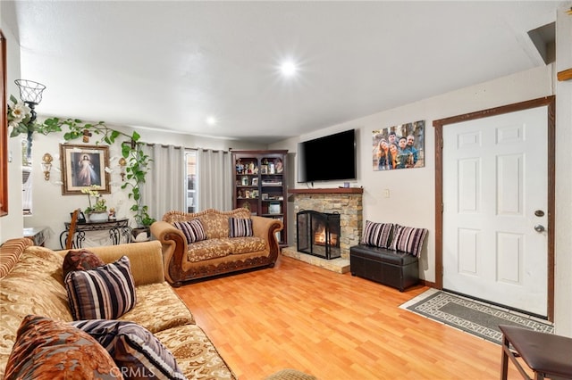 26166 Alpine Ln, Twin Peaks, CA 92391 - living room with wood finished floors, a fireplace, and recessed lighting