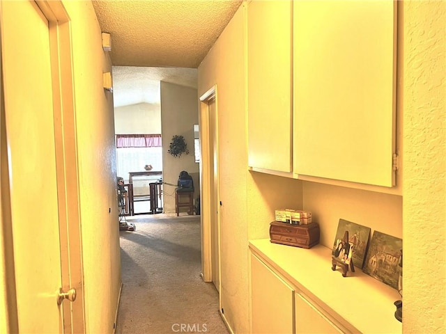 11230 Reliance Dr, Riverside, CA 92505 - hall with a textured ceiling, light carpet, lofted ceiling, and a textured wall