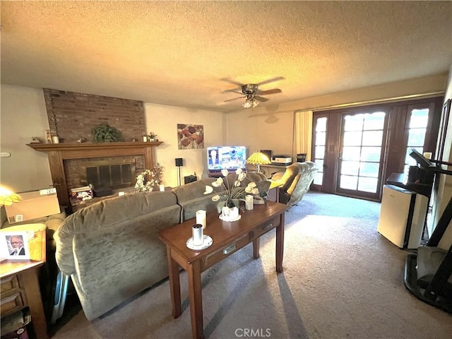 11230 Reliance Dr, Riverside, CA 92505 - living room with carpet floors, a ceiling fan, a textured ceiling, and a brick fireplace